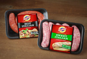 Packages of Hatfield Sausages and linerless label