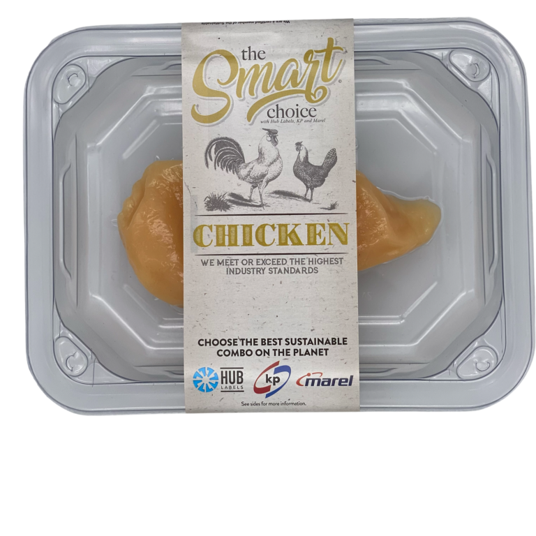 Linerless Label wrapped around food tray with faux chicken breast