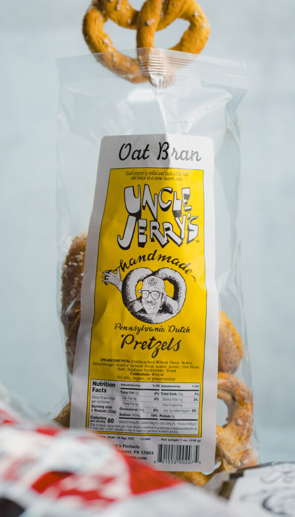Adhesive label manufactured by Hub Labels for Uncle Jerry’s pretzel bags.