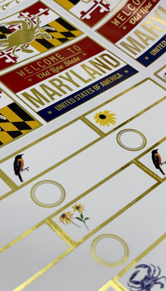 Examples of direct mail label capabilities including welcome to Maryland stickers and blank labels for purposes such as addresses or identifying products.
